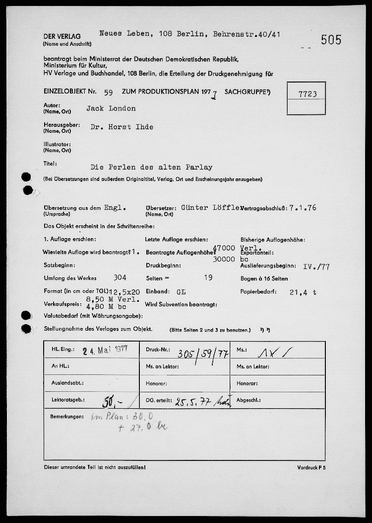 Verlagsgutachten - Die Perlen des alten Parlay.